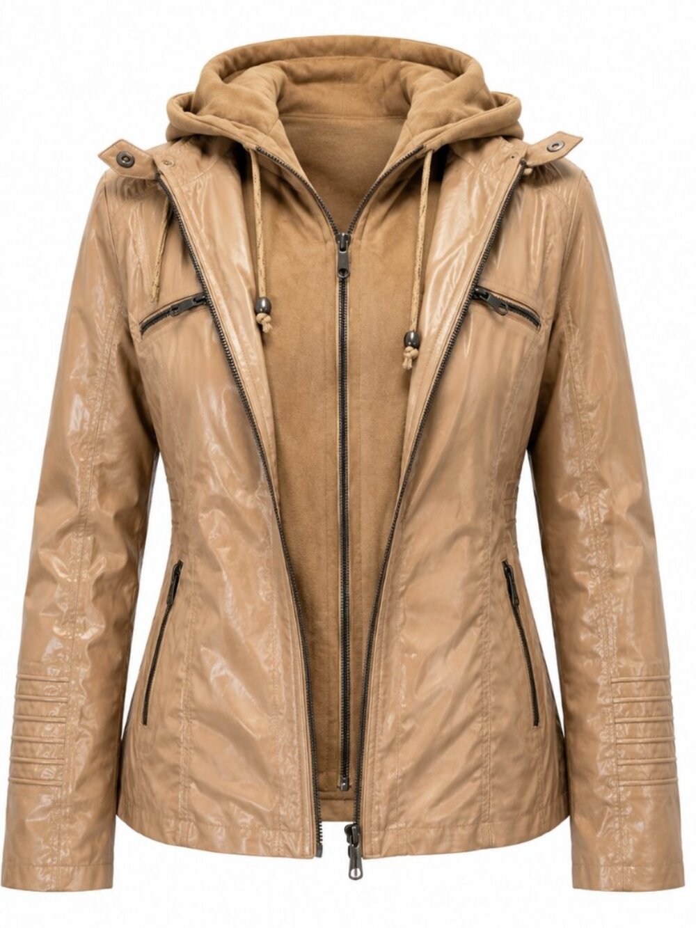 Women's Brown PU Leather Jacket Removable Hood New | 227